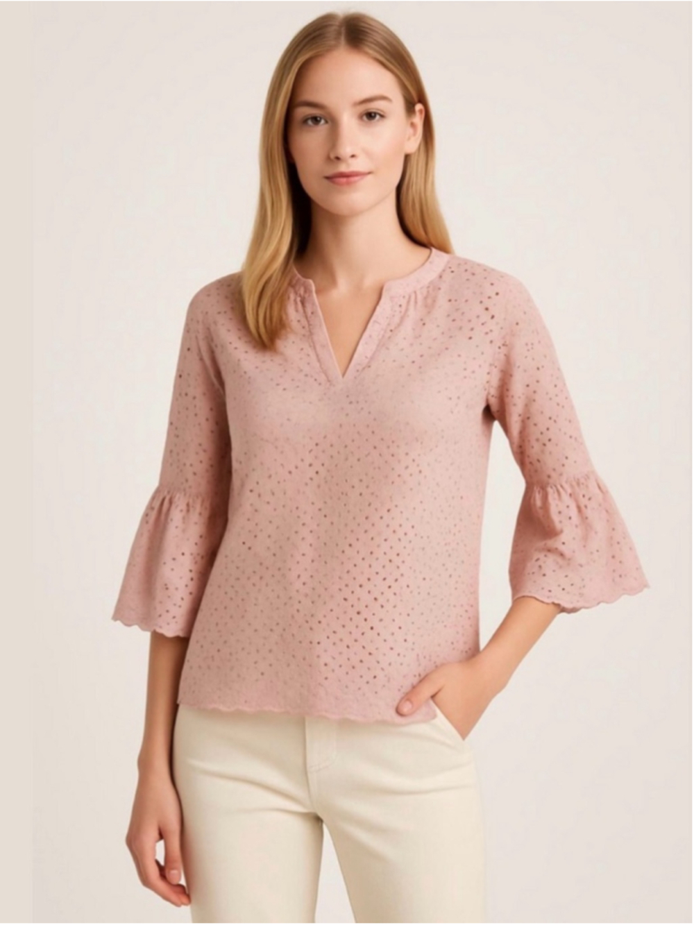 Velvet Graham&Spencer pink eyelet lace bell sleeve blouse XS Romantic Feminine